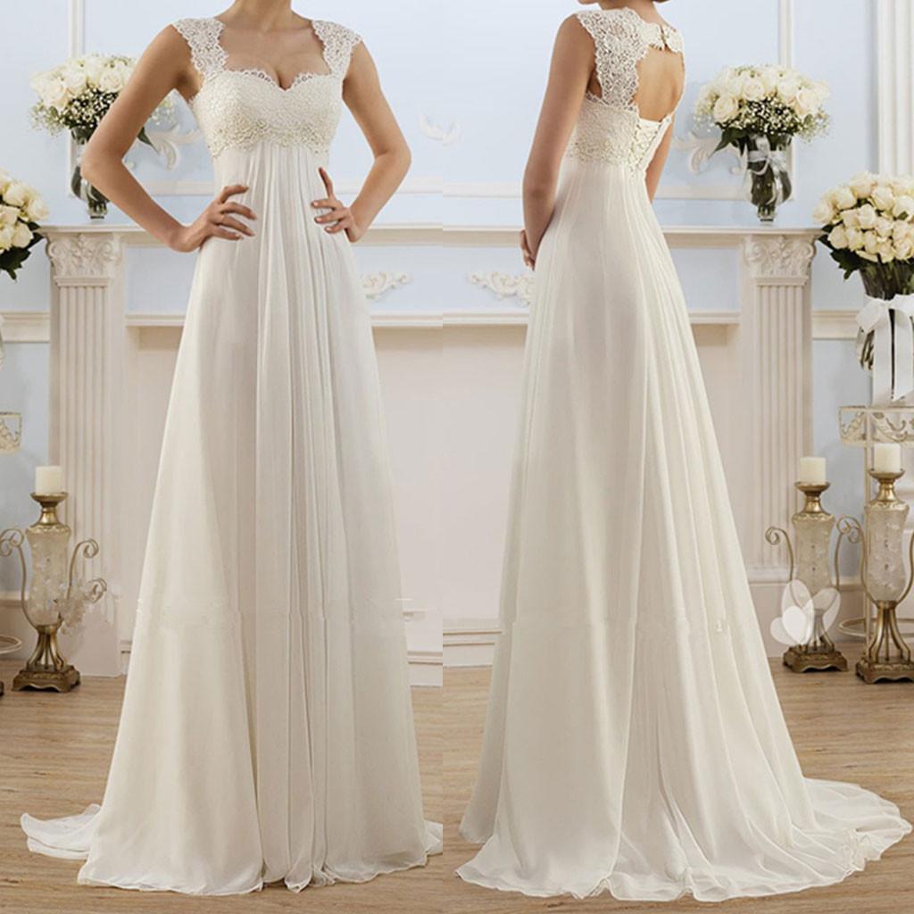 Elegantes Weißes Spitzen-Chiffon-Hochzeitskleid für Damen Süßer Herz-Ausschnitt Ärmellos Rückenfrei Empire-Taille Bodenlang Brautkleid mit Schleppe Neu