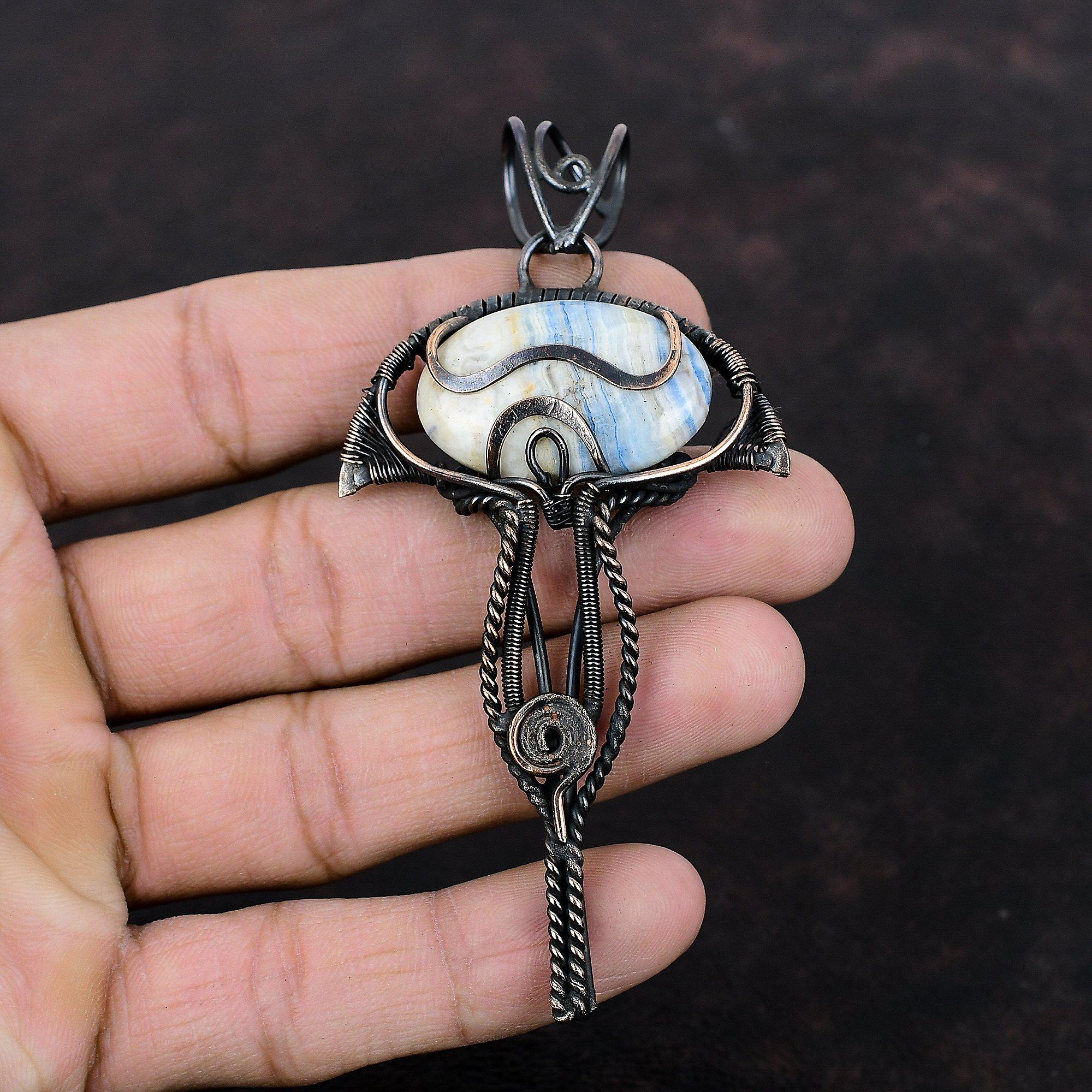 Blue Scheelite Pendant Copper Wire Wrapped Pendant Beautiful Copper Jewelry Genuine Gemstone Pendant Handmade Wire Wrap Jewelry Gift For Mom