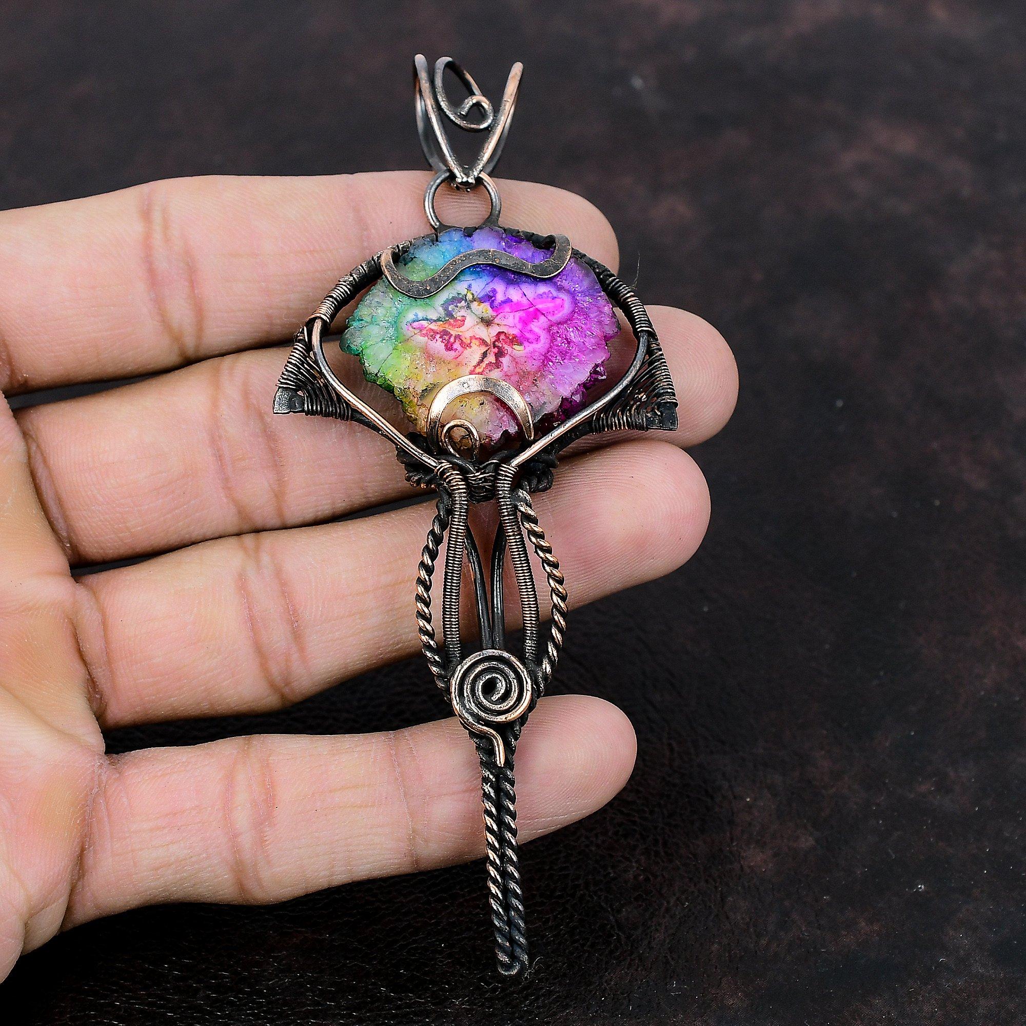 Rainbow Solar Quartz Druzy Pendant Copper Wire Wrapped Pendant Handmade Elegant Jewelry Boho Hippie Pendant Gemstone Copper Jewelry For Gift