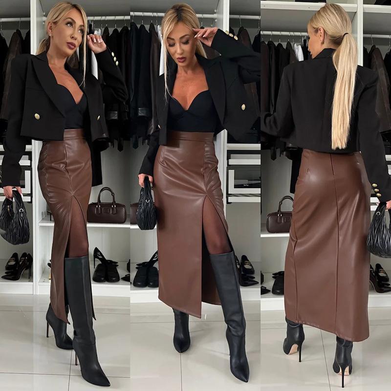 Sexy Split Mid-Length PU Leather Skirt Women's Solid Color Slim Package Hip High Waist Skirts Fashionable Party Ladies Clothes