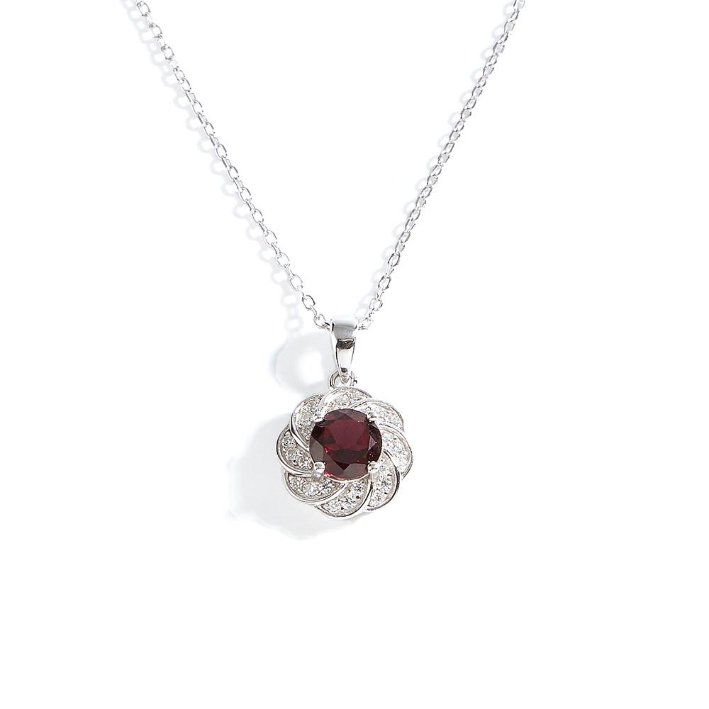 Flower Shape Design Women's Pendant 925 Sterling Silver Necklace Natural Round 6.0mm Rhodolite Garnet Jewelry for Proposal Gifts
