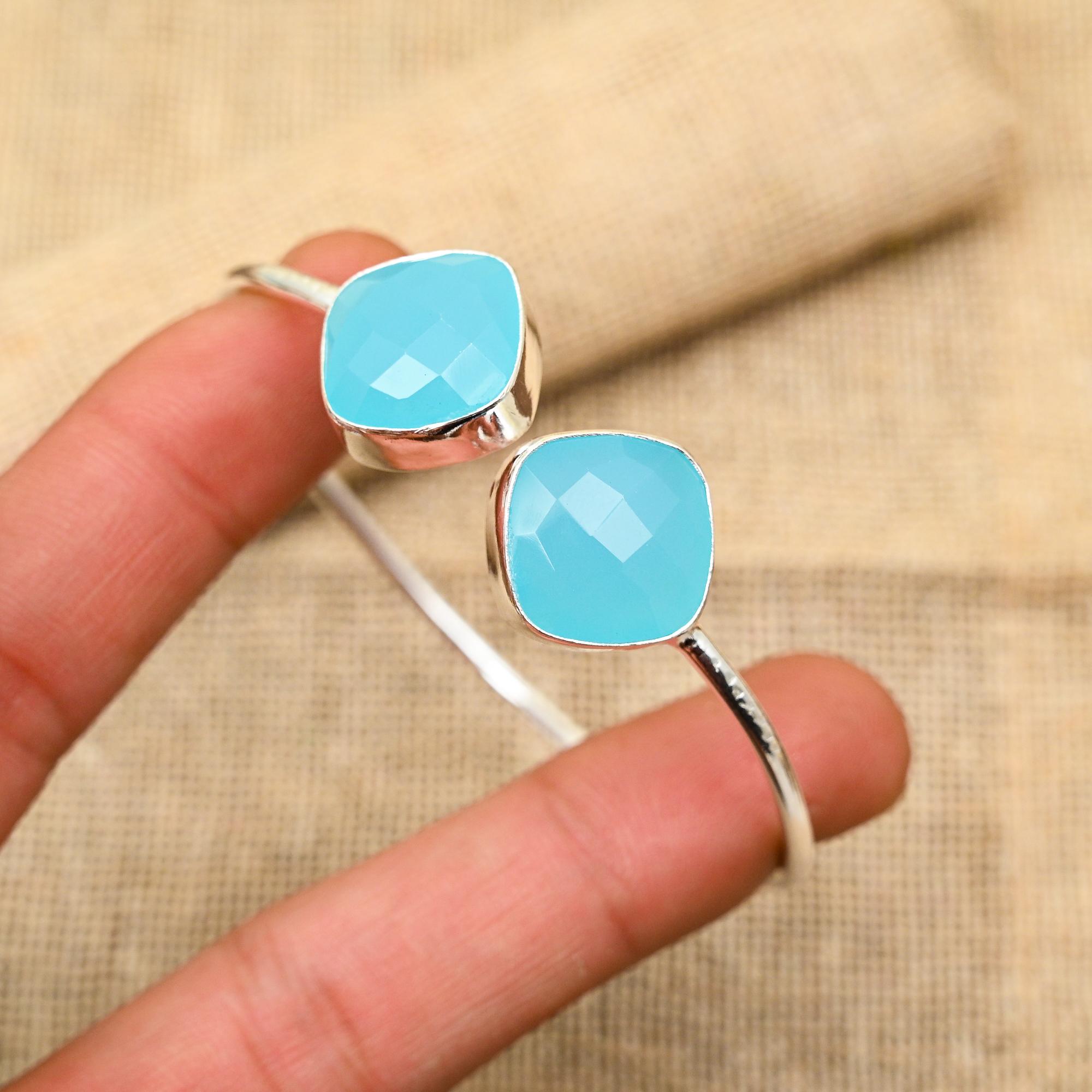 Gorgeous Blue Chalcedony Gemstone Handmade 925 Sterling Silver Jewelry Adjustable Cuff For Wedding Gift