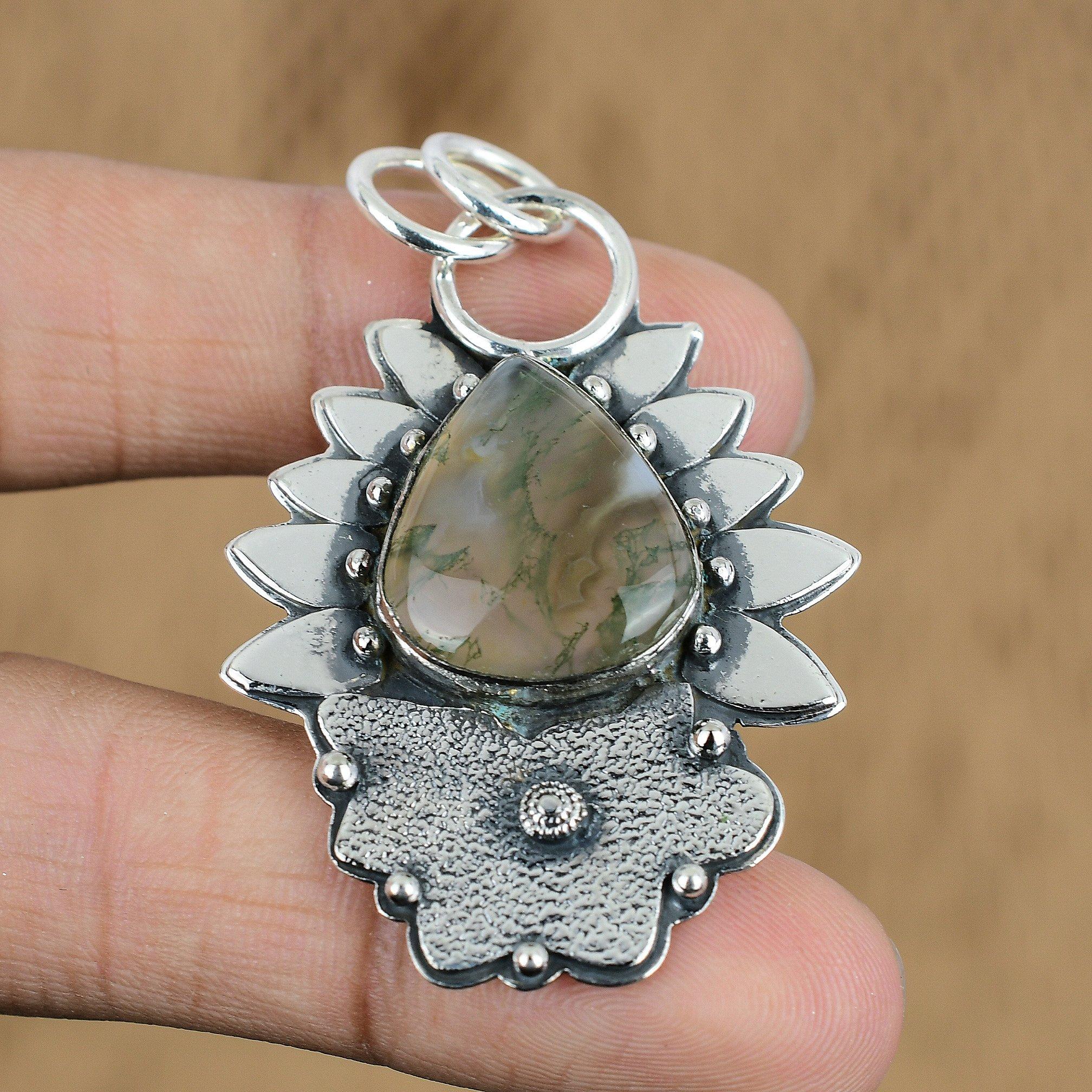 Wedding Gift For Her 925 Silver Natural Solar Moss Agate Gemstone Pendant