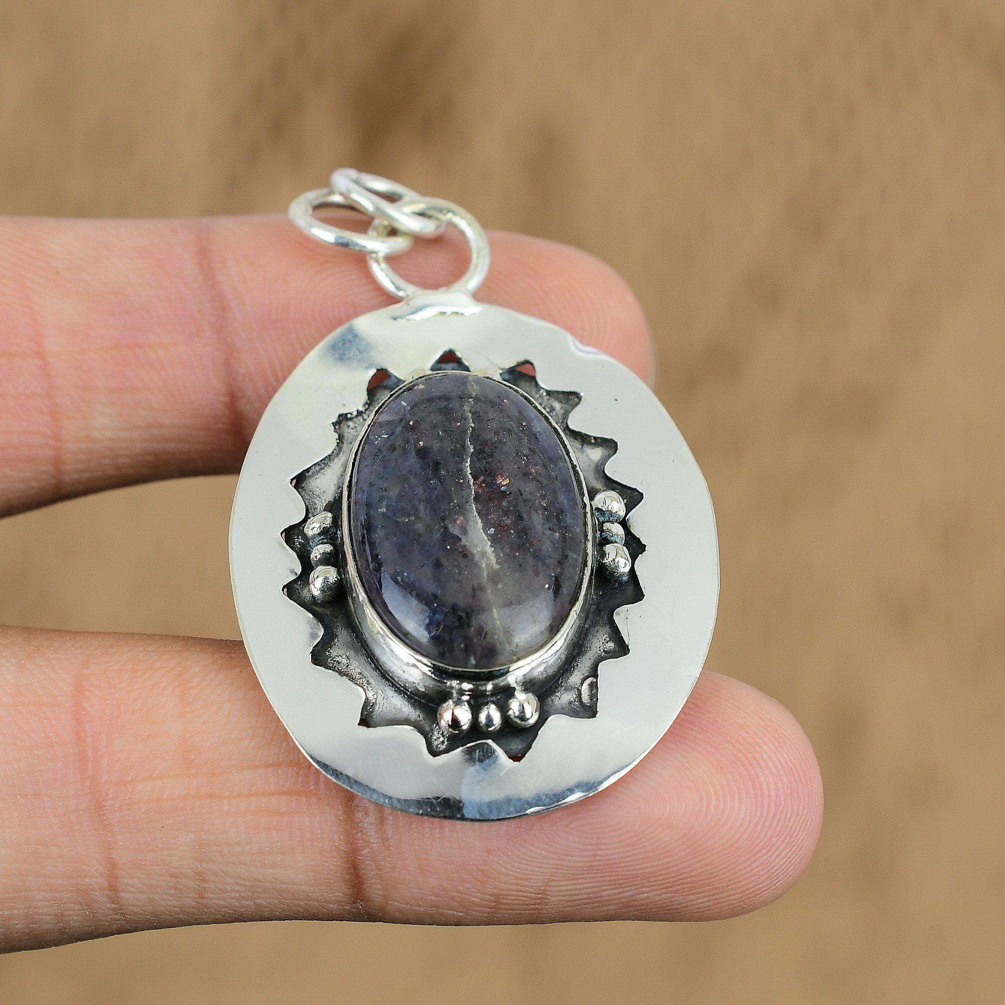 Wedding Gift For Her 925 Silver Natural Iolite Sunstone Gemstone Pendant