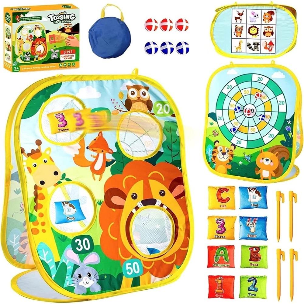 3 In 1 Throwing Bean Bag Game Toy, Lion Forest Theme Collapsible Cornhole Game, Safety Darts And Tic Tac Toe For Indoor And Outdoor Garden Parties