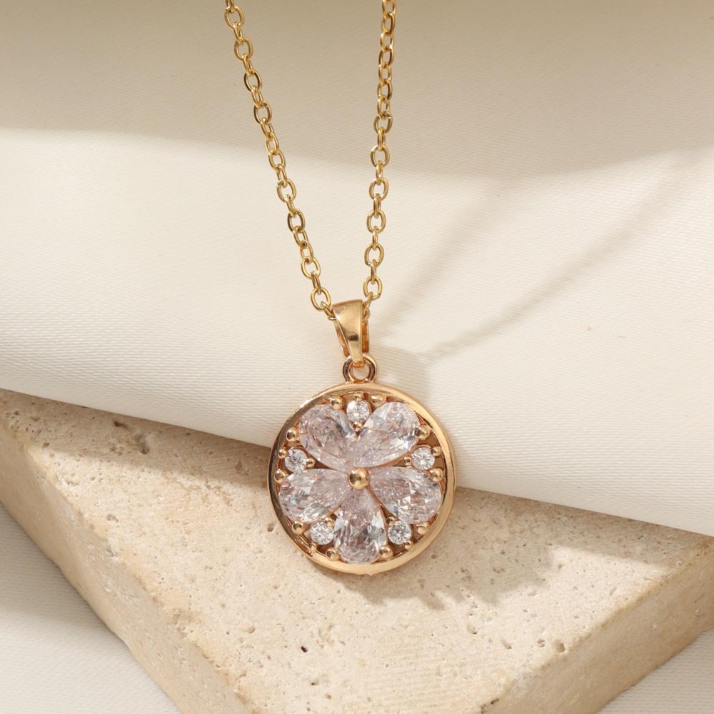 1 Piece Trendy Round Zircon Flower Pendant Necklaces for Women Gold Color Stainless Steel Necklace Jewelry Party Accessories
