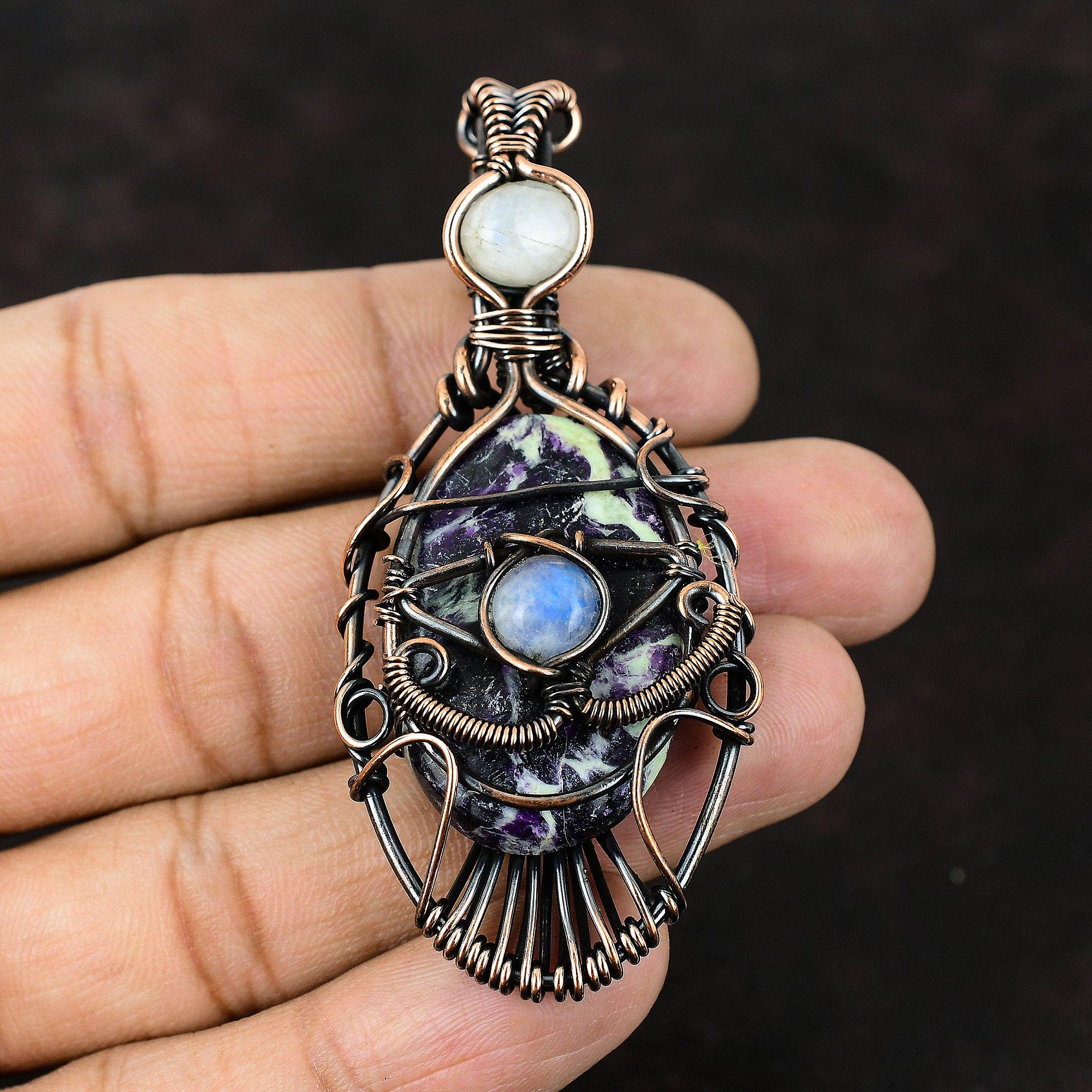 Evil Eye Kammererite Gemstone Copper Pendant Copper Wire Wrapped Jewelry Dainty Moonstone Jewelry Evil Eye Jewelry Handmade Pendant For Gift