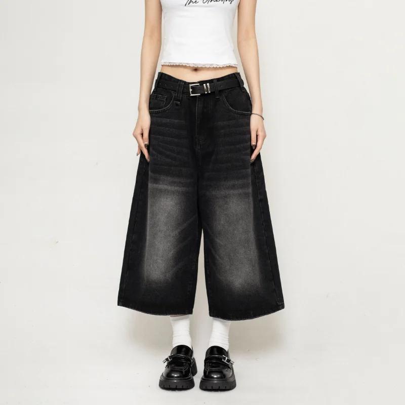 Pantaloncini in denim lavato retrò nero a vita alta vintage Harajuku da donna, alla moda casual, larghi, Y2K, da strada, di media lunghezza e corti