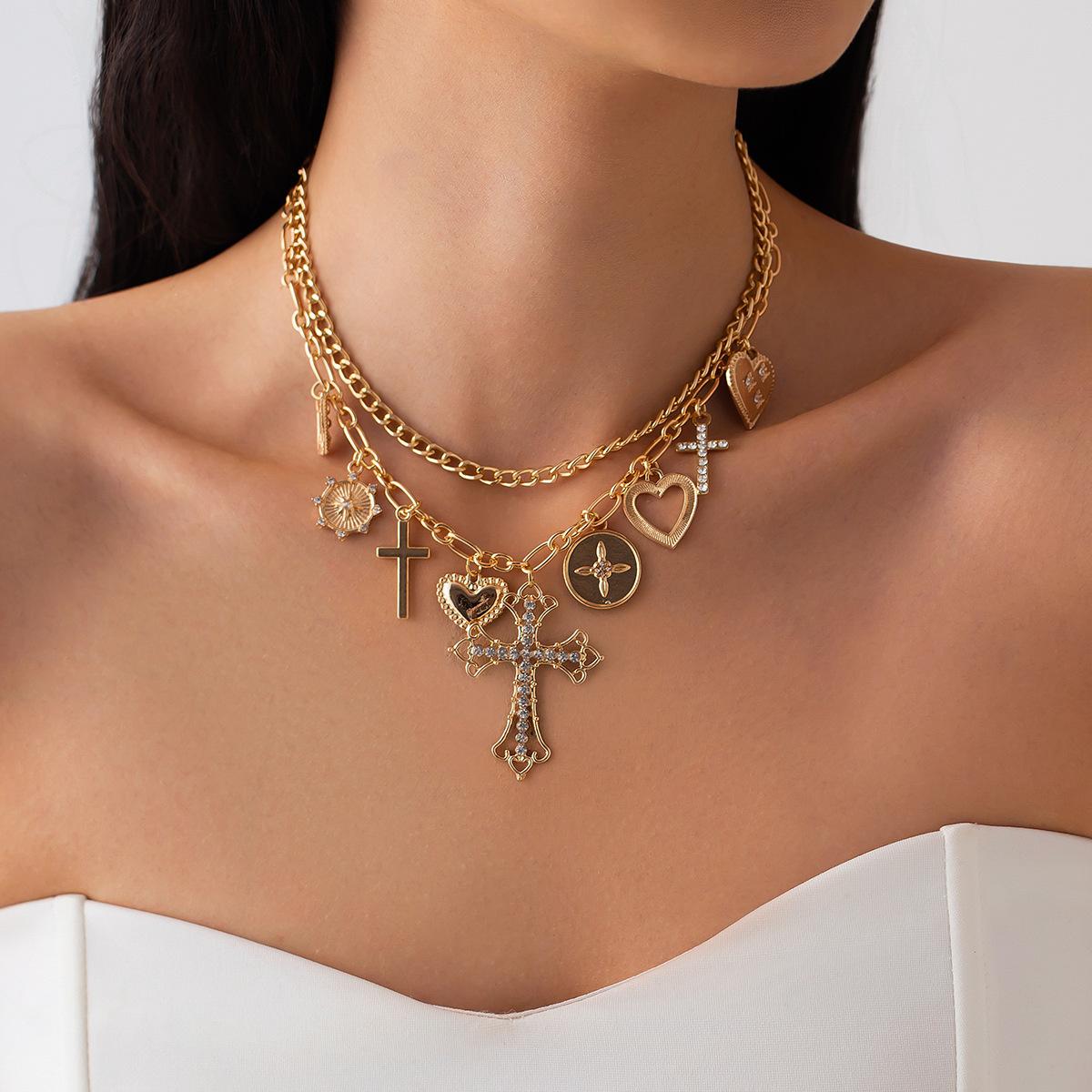 Vintage Love Heart Cross Pendant Choker for Women Goth Adjustable Clavicle Chain Necklace Jewelry Gift