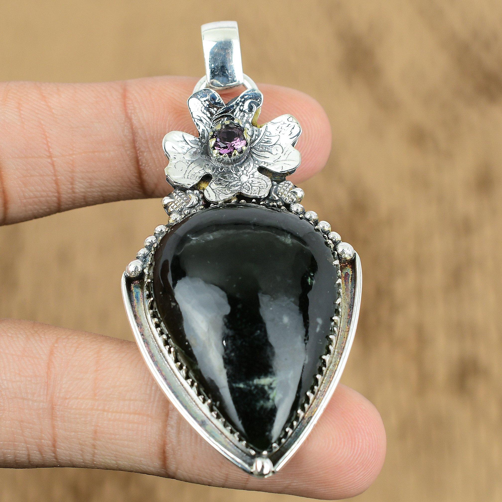 Seraphinite Stone African Amethyst 925 Sterling Silver Handmade Flower Pendant