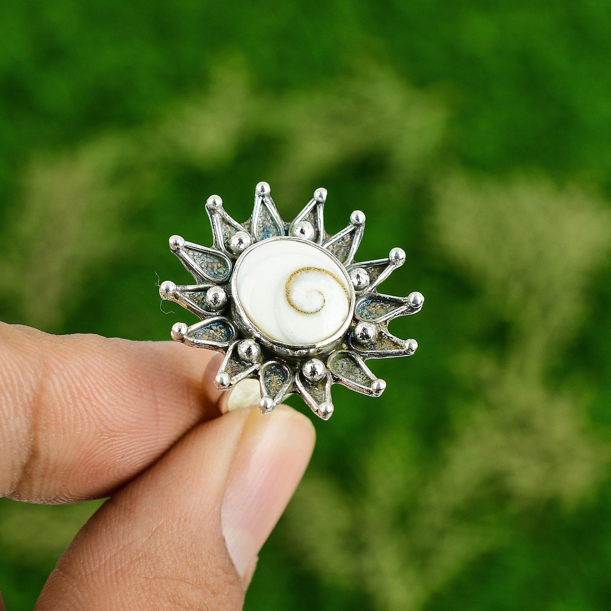 Gift For Her 925 Silver Natural Shiva Eye Shell Stackable Flower Adjustable Ring