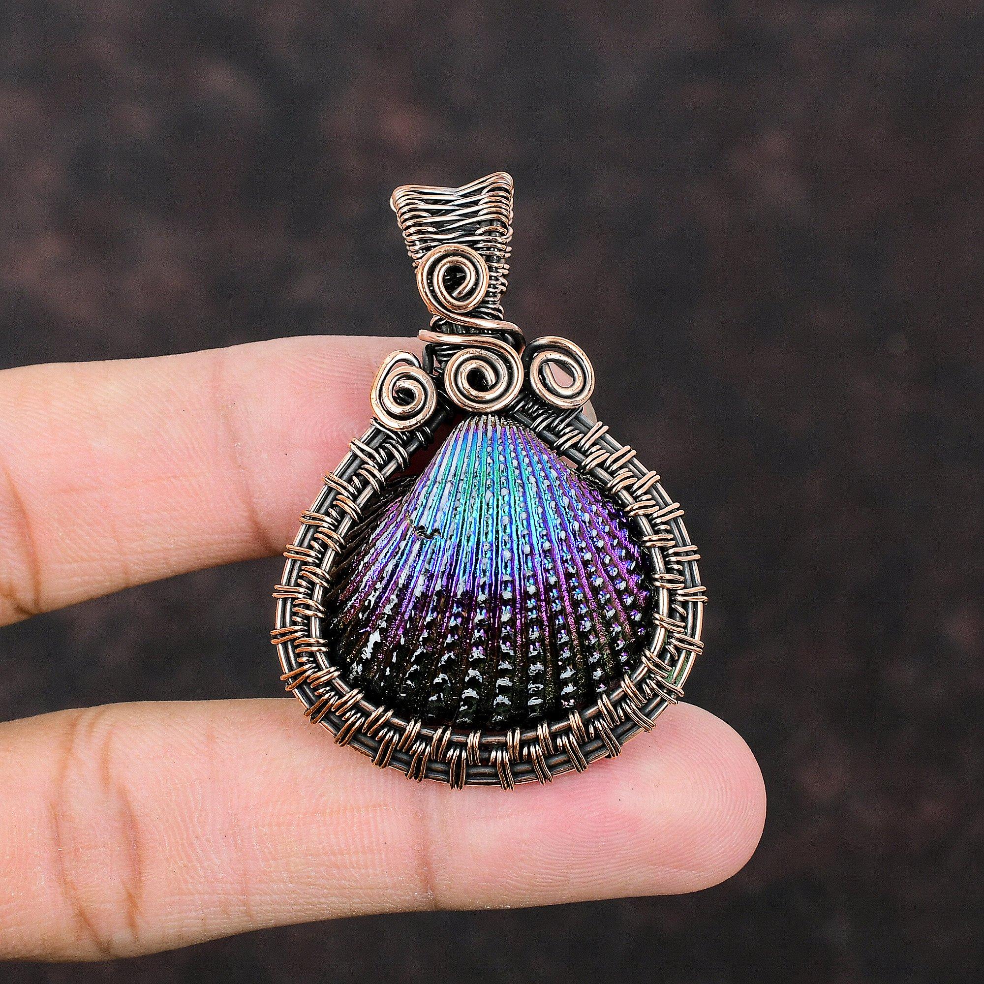 Titanium Coated Shell Pendant Copper Wire Wrapped Pendant Gemstone Wrapped Jewelry Sea Shell Pendant For Gift Handmade Copper Wire Jewelry