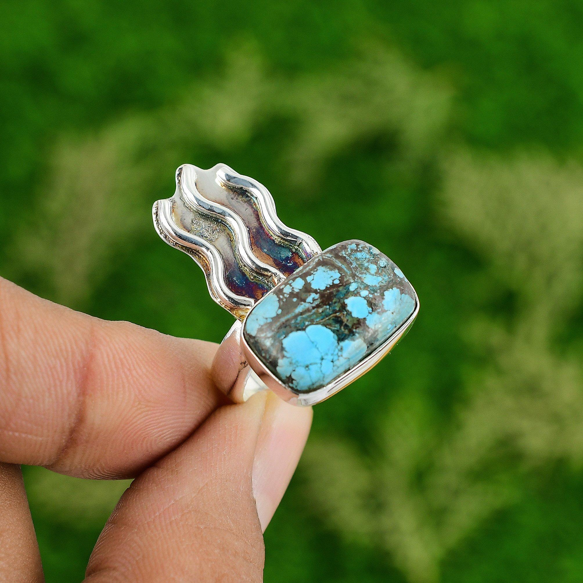 Gift For Her Natural Tibetan Turquoise Statement Ring Size 8 925 Silver