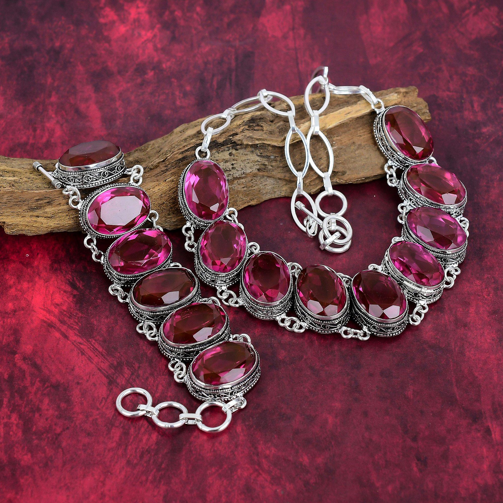 Pink Tourmaline Gemstone Jewelry, Handmade 925 Solid Sterling Silver Jewelry, Unique Bracelet & Necklace Jewelry Set For Women