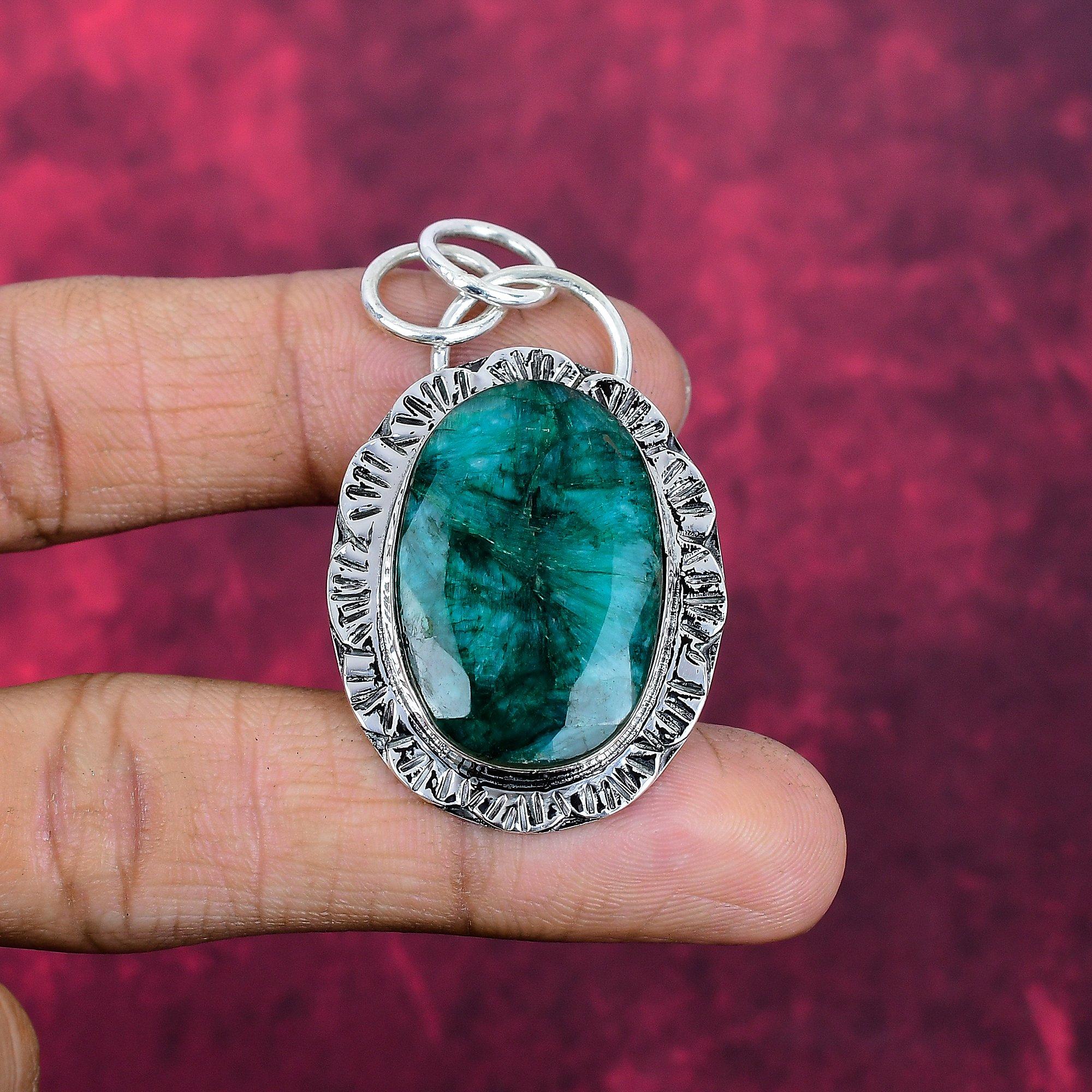 Im Labor hergestellter Smaragd Anhänger, 925 Sterling Silber Anhänger Edelsteinschmuck, Handgefertigter Anhänger Erstaunlicher Schmuck, Geschenk für Sie