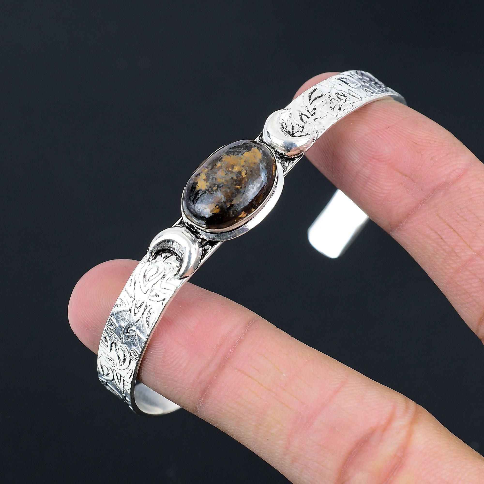 Offre d'Halloween Bracelet Manchette Artisanale Lune Croissante Pierre Bronzite Argent 925
