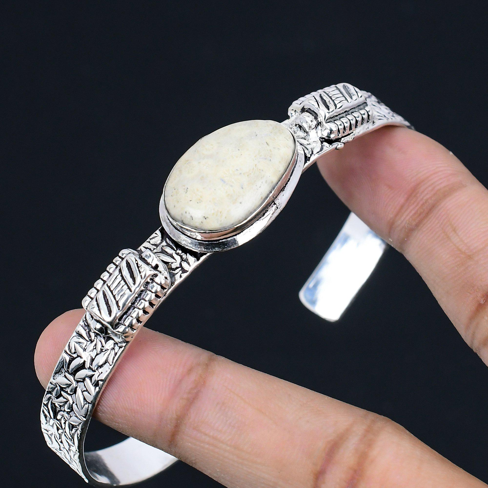 Root Chakra Oval Fossil Coral Stone Wife Trendy New Bangle 925 Sterling Silver