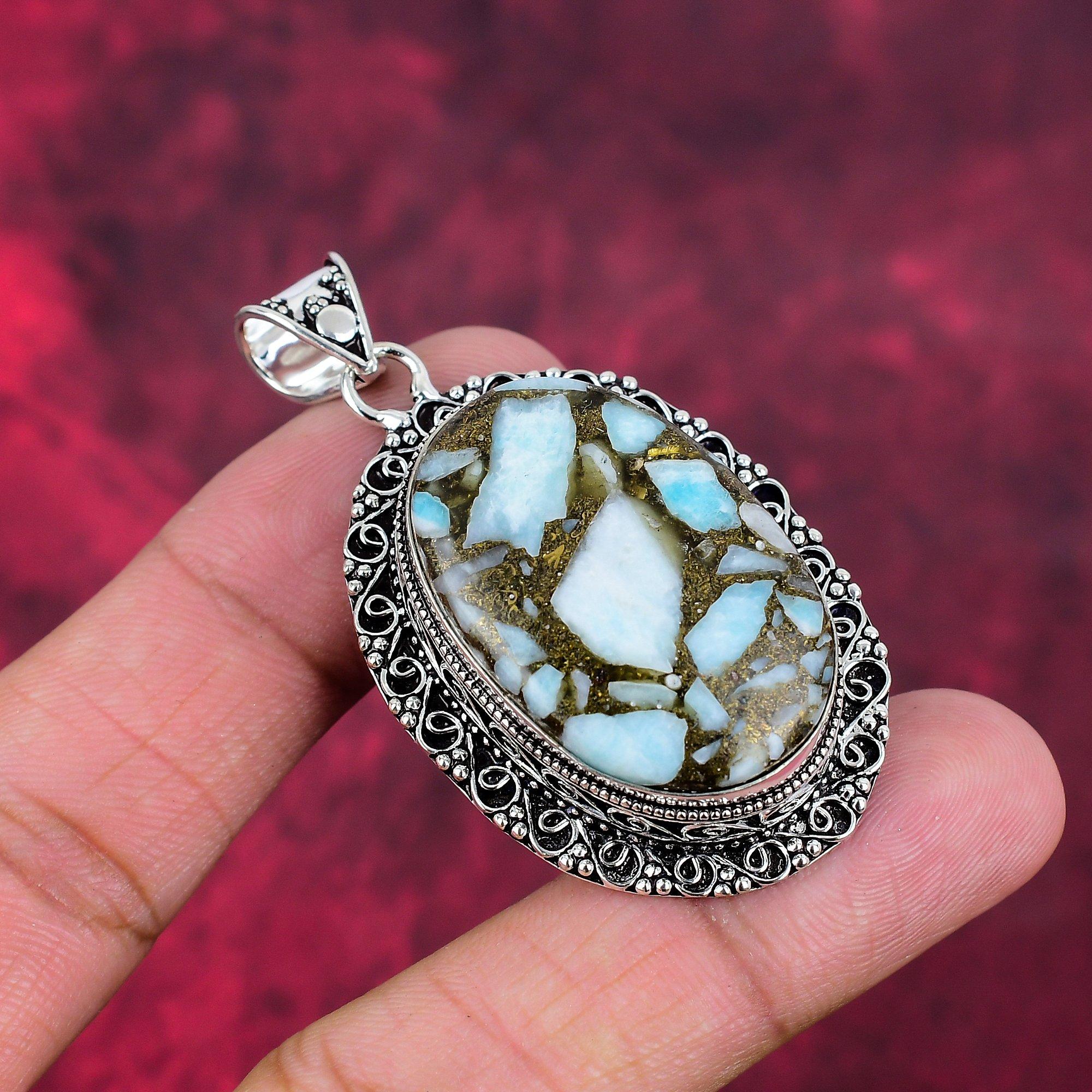 Copper Larimar Gemstone Pendant, 925 Solid Sterling Silver Pendant Unique Design Jewelry, For Women