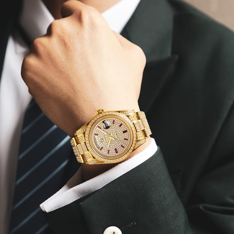 Start Men's Automatic Mechanical Watch Diamond Watch Swiss Quality Metal Watch Waterproof Date Week Function Golden Watch