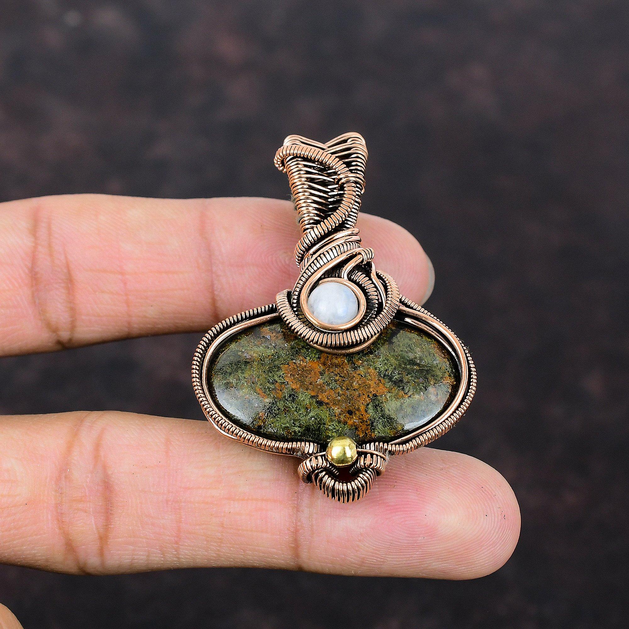 Spessartine Garnet in Limestone Pendant Rainbow Moonstone Pendant Copper Wire Wrapped Pendant Copper Wire Jewelry Handmade Gemstone Jewelry
