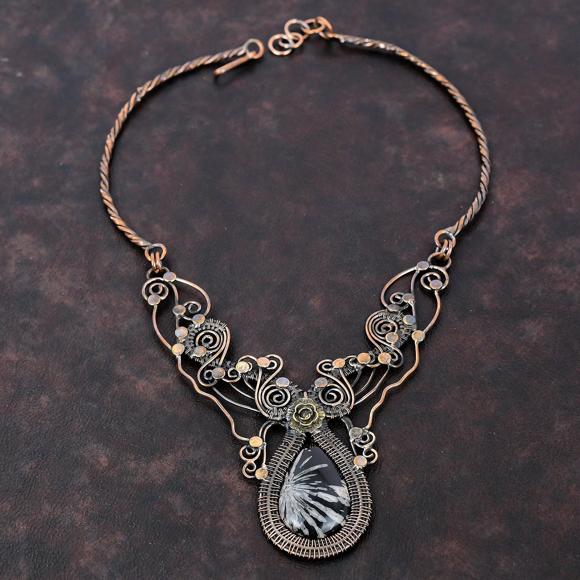 Chrysanthemum Necklace Copper Wire Wrapped Necklace Adjustable Necklace Chrysanthemum Copper Jewelry Handmade Gemstone Necklace Wedding Gift