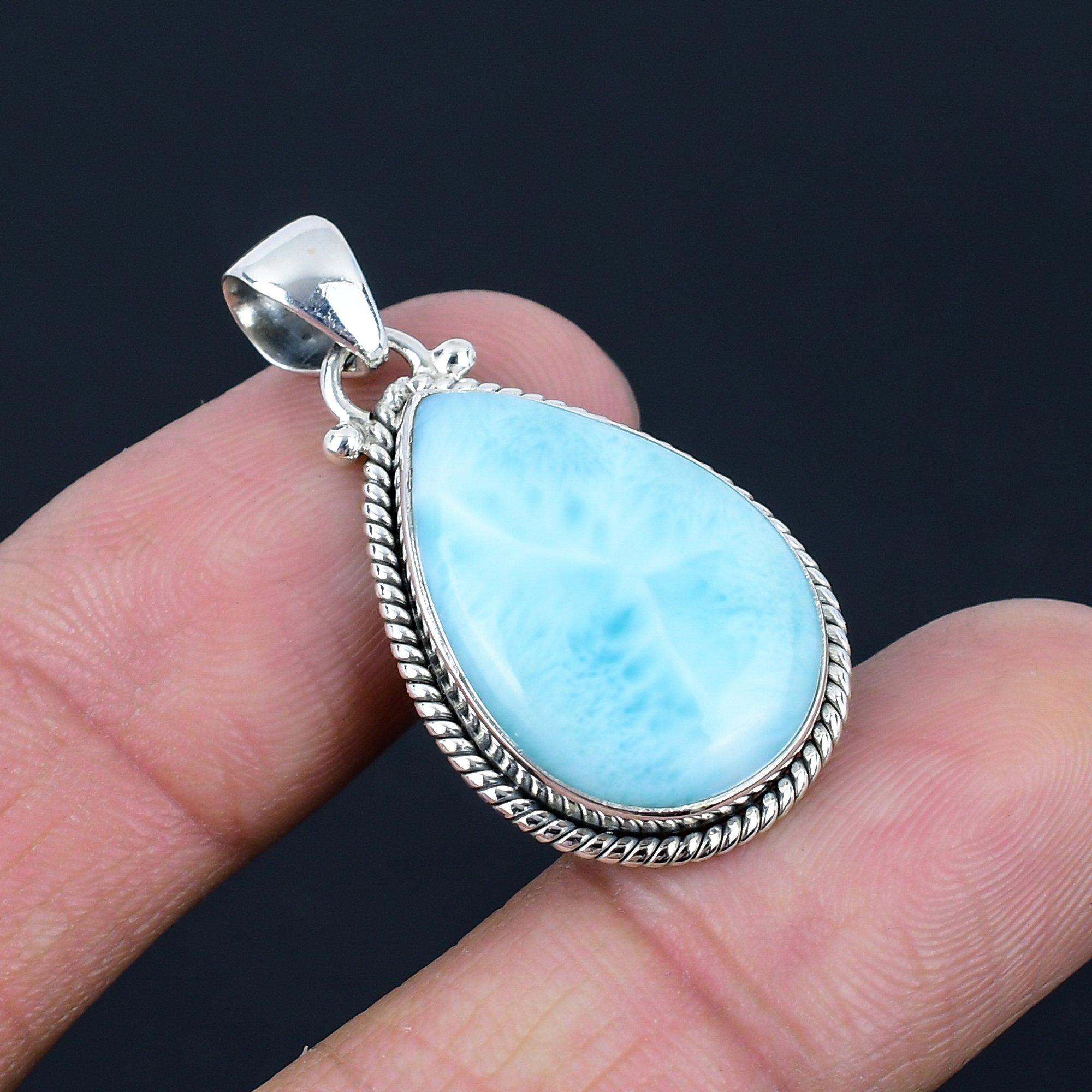 Pendentif en pierre précieuse naturelle Larimar, argent sterling 925, forme poire 24 x 16 mm, pendentif fait main, cadeau de bijoux pour la Saint-Valentin