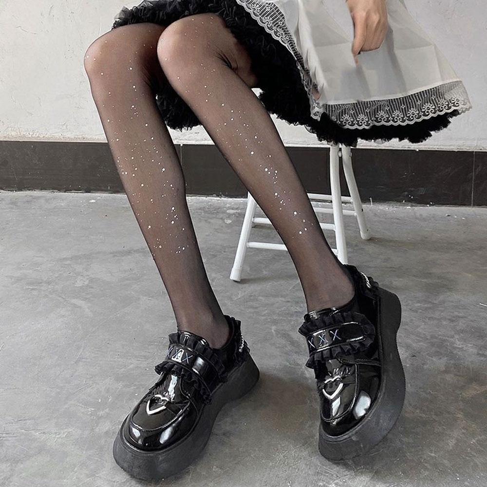 Sexy lesklé punčochy Y2k Dámské Transparentní punčochové kalhoty Goth punčochové kalhoty Slim Tenké Nylonové punčochy Černá hvězdná obloha