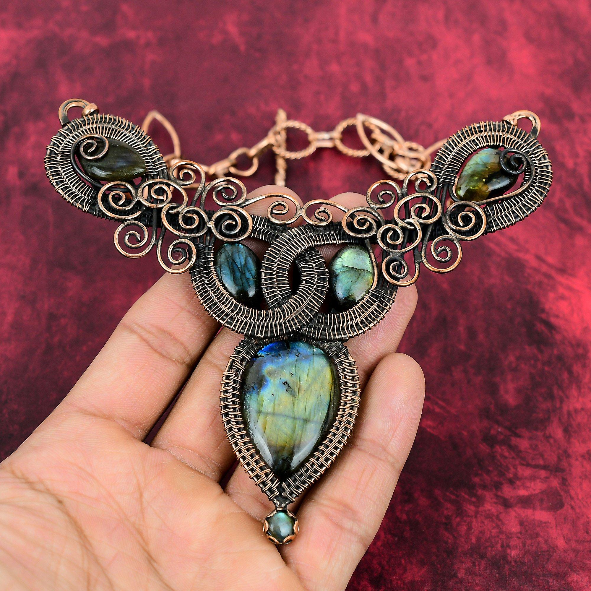 Labradorit Halskette Kupferdraht Umwickelte Halskette Verstellbare Kette Halskette Kupferschmuck Handgefertigt Echter Edelstein Halskette Drahtwickel Schmuck