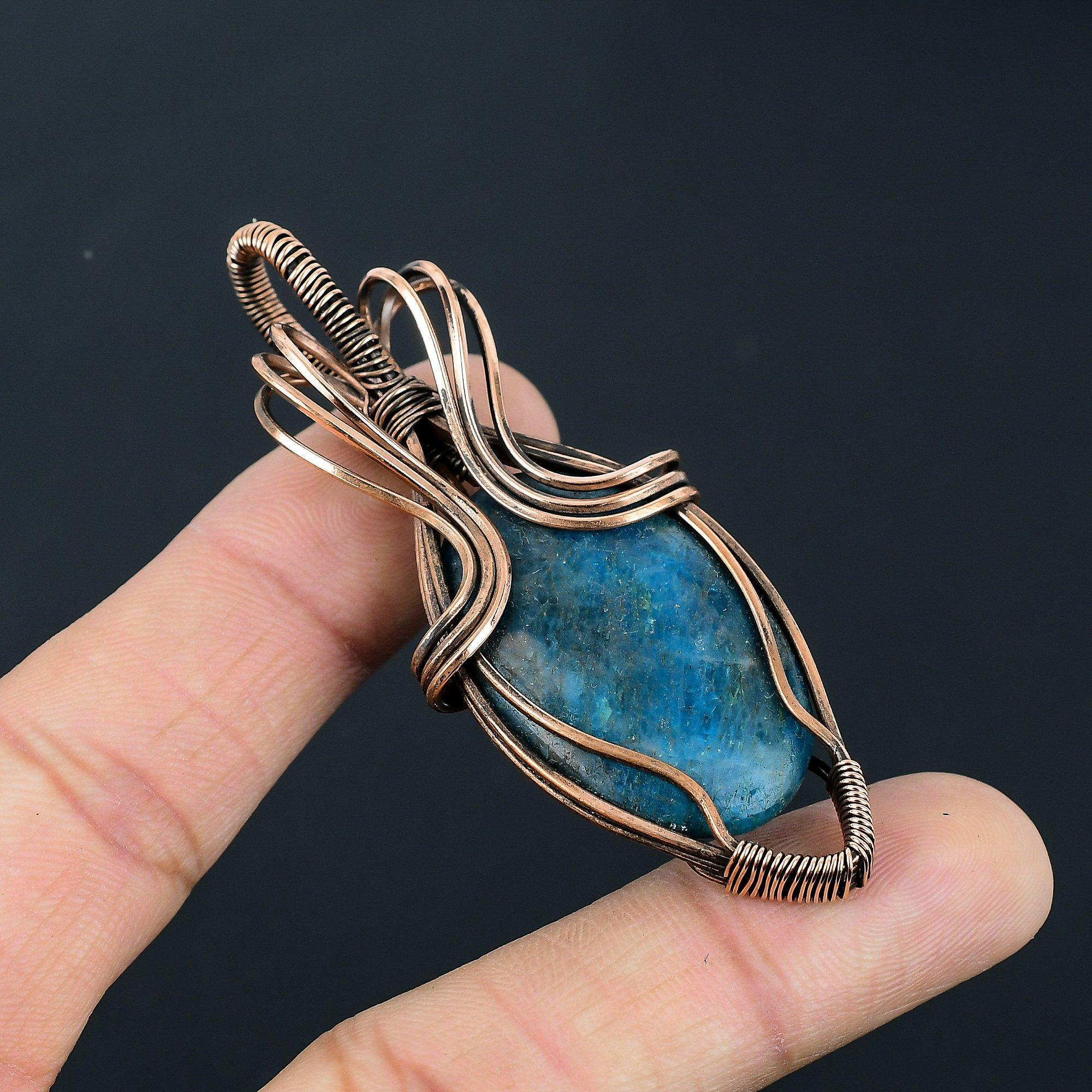Neon Blue Apatite Gemstone Handmade Pure Copper Wire Wrap Jewelry Pendant For Women