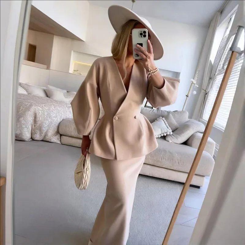 Ensfarget slankende puffermer frakk Lange skjørtsett Dame V-hals Solid Button Top Rette skjørt 2-delt sett Elegant dameantrekk