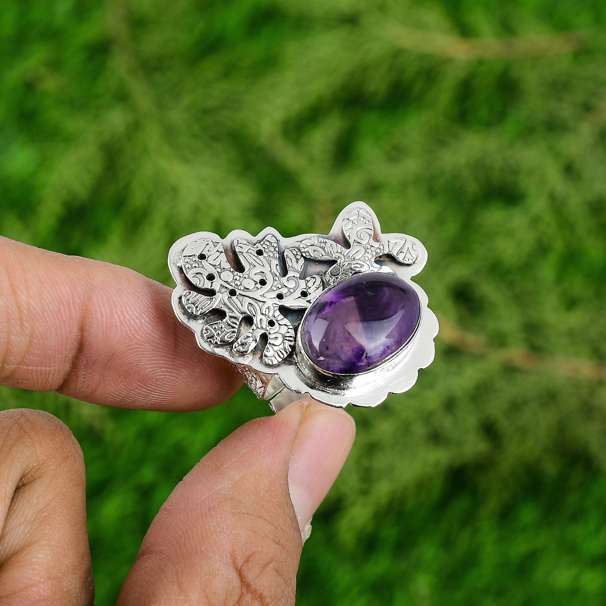 Womens day Deal Sterling Silver Oval Natural Star Amethyst Boho Solitaire Ring
