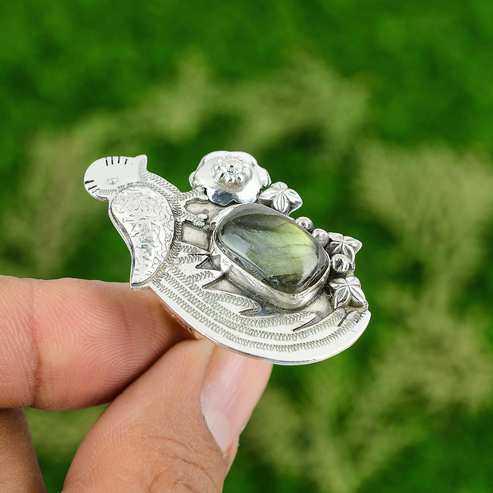 Gift For Her 925 Silver Natural Labradorite Multi Stone Bird Adjustable Ring