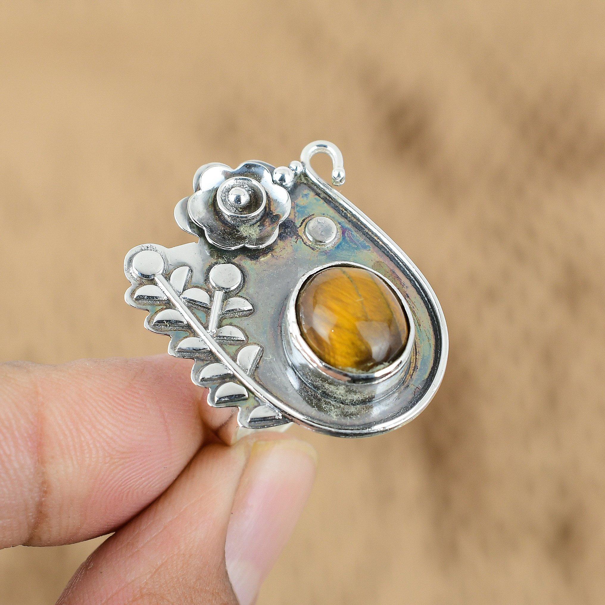 925 Sterling Silver Oval Tiger's Eye Stone Statement Flower Promise Ring Jewelry