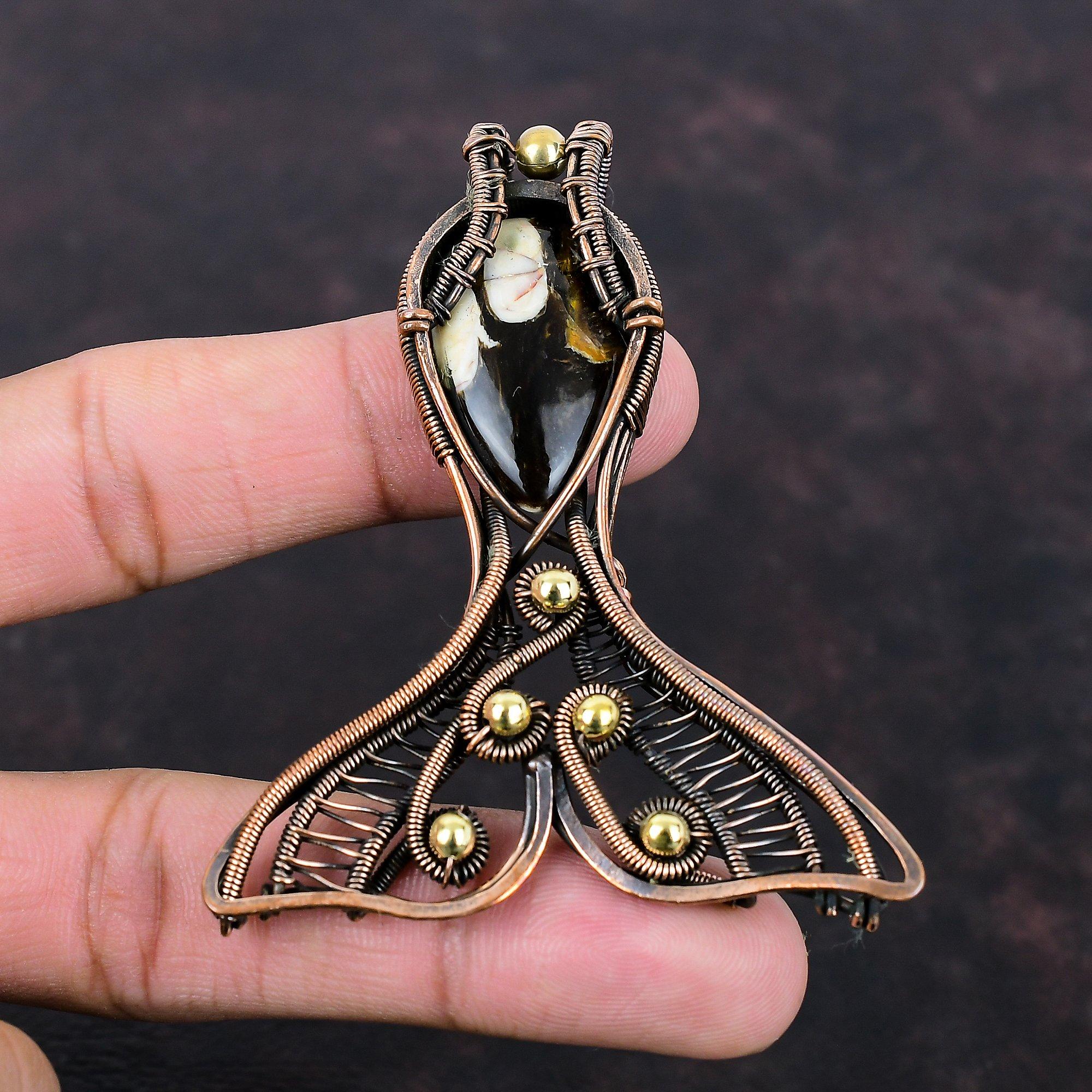 Peanut Wood Jasper Pendant Copper Wire Wrapped Pendant Fish Pendant Gemstone Copper Jewelry Gift For Her Handmade Pendant Wire Wrap Jewelry