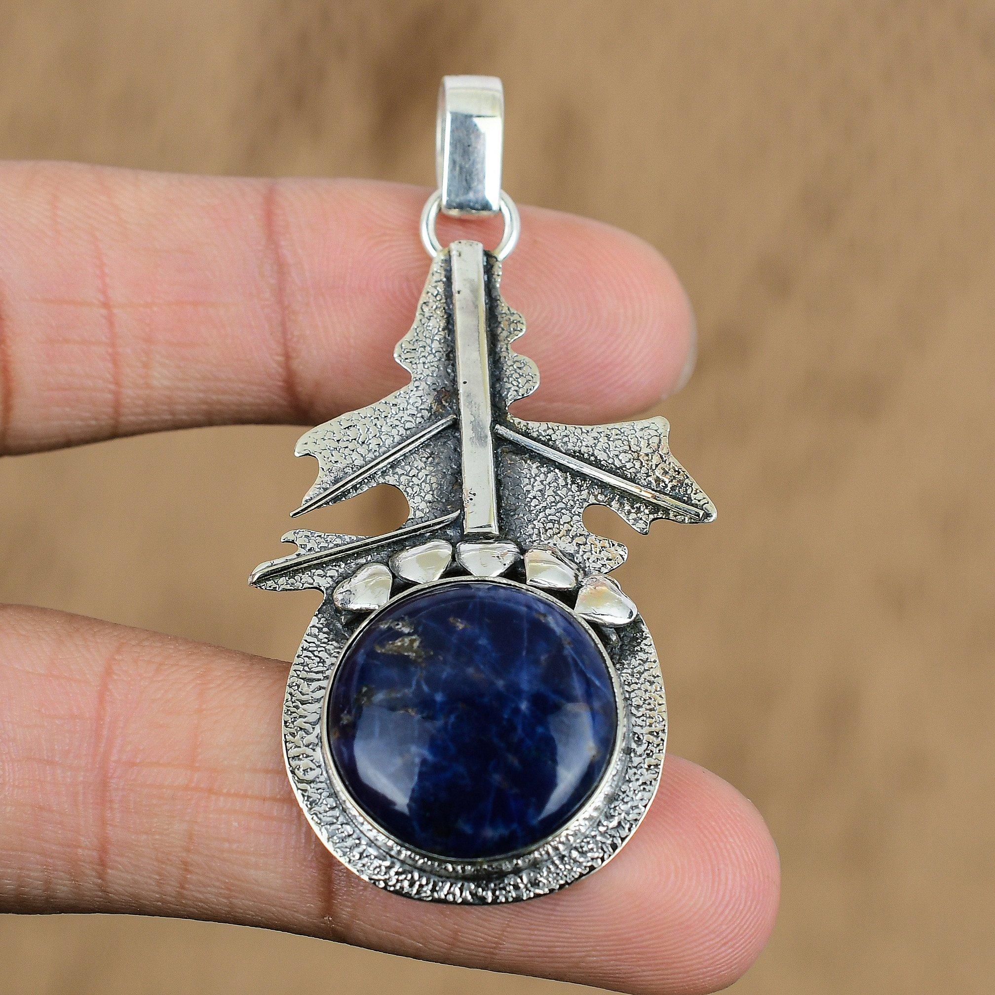Natural Sodalite Gemstone Indian Jewelry 925 Sterling Silver Pendant For Women