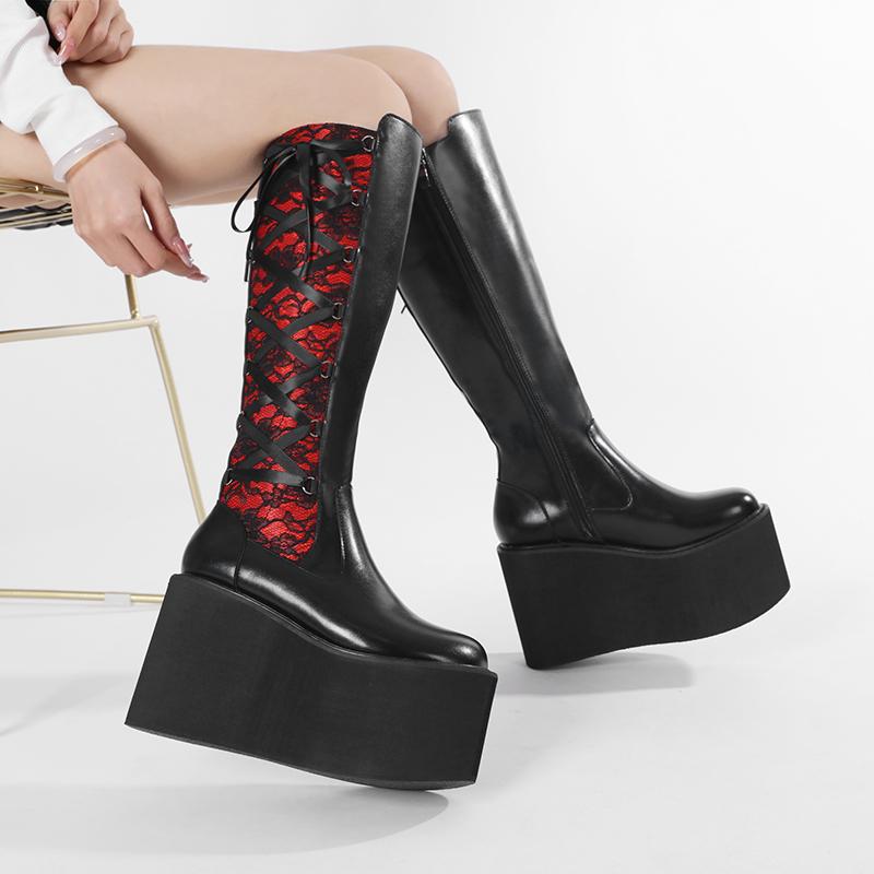 Gdgydh Damen Retro Blumen Schnürstiefel Kniehoch Winterstiefel mit Dickem Keilabsatz Seitenreißverschluss Cowgirl Stiefel Semi-formelles Schuhwerk