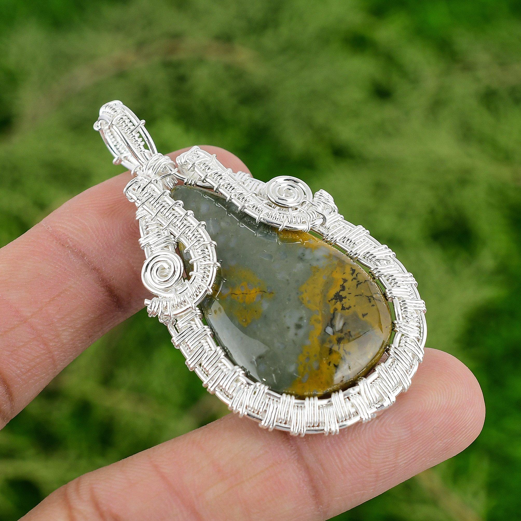 Daughters Day Sale Polychrome Jasper Stone 925 Sterling Silver Wire Wrap Pendant