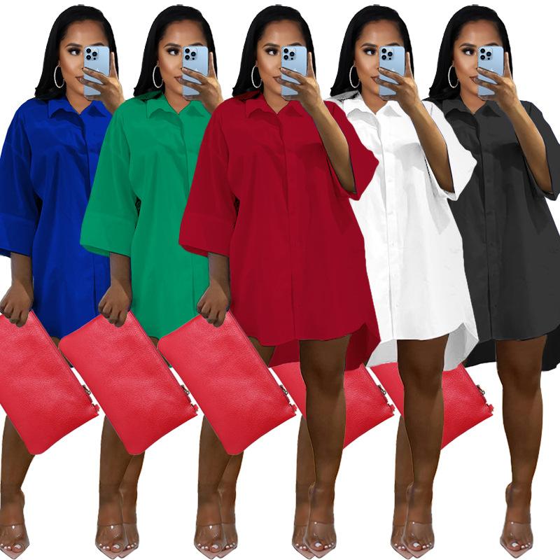 Spring and Autumn Women's Dress Plus Size Solid Colour Loose Shirt Dresses