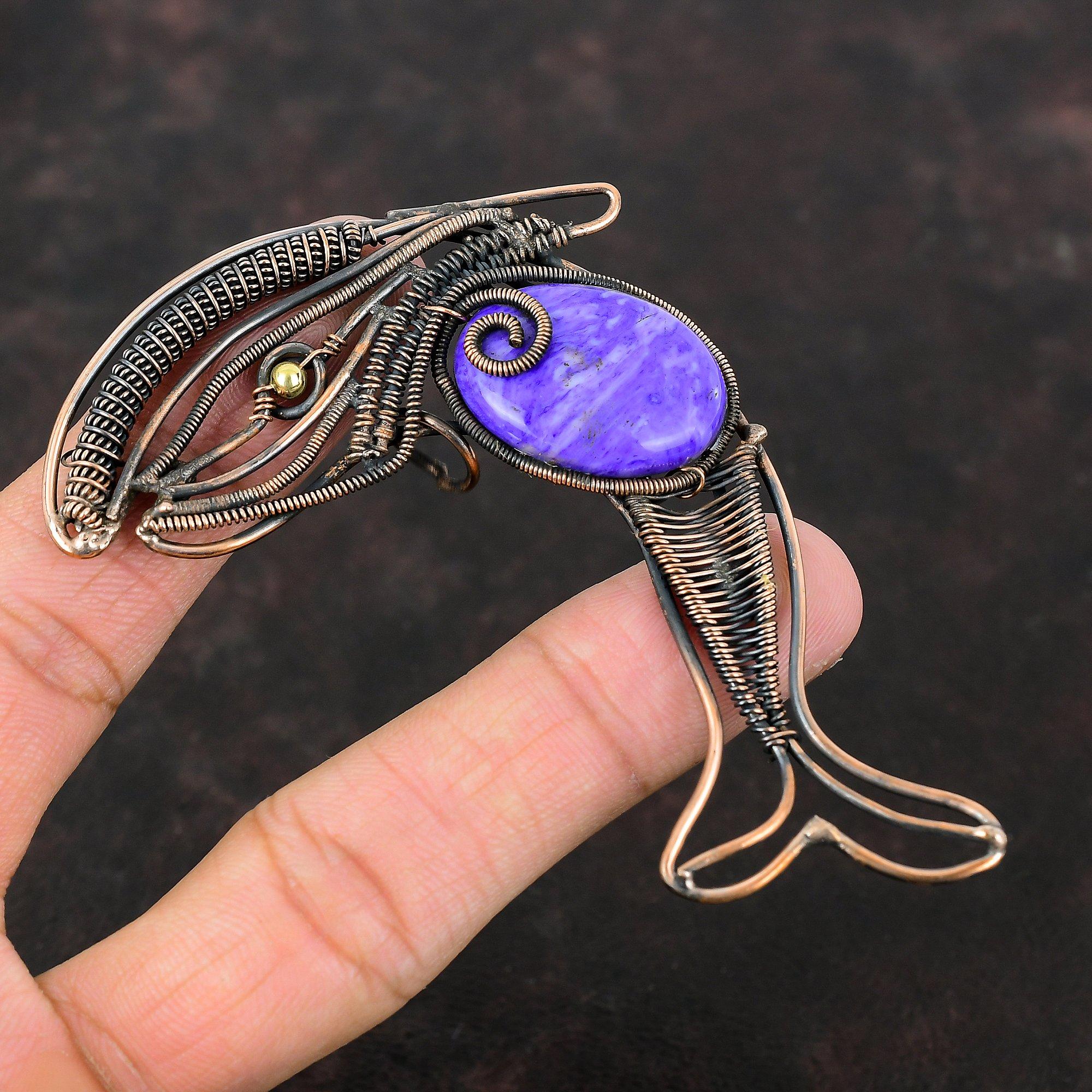 Charoite Pendant Copper Wire Wrapped Jewelry Handmade Fish Pendant Gemstone Pendant Dainty Jewelry Copper Wire Wrap Pendant Anniversary Gift