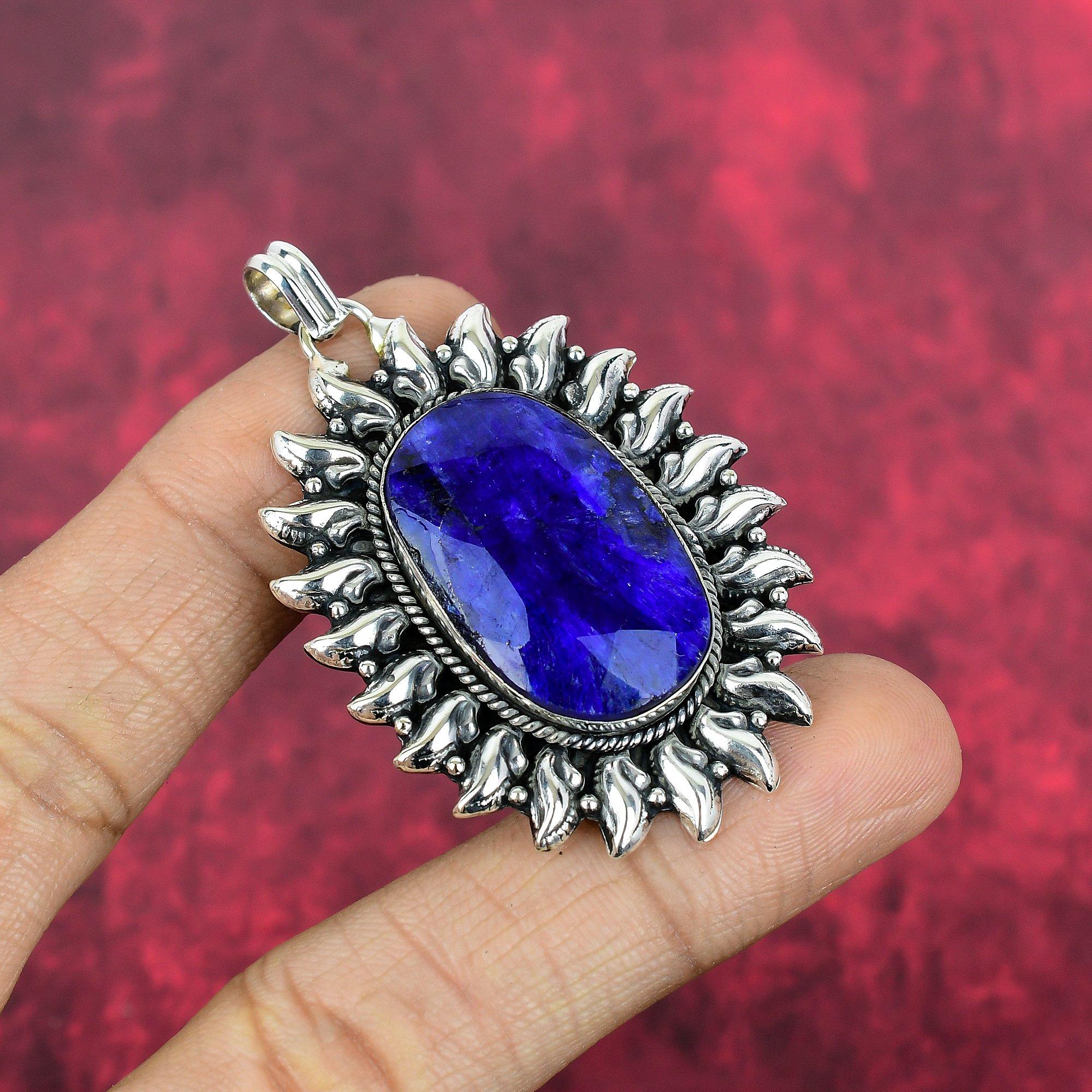 Blauer Saphir Anhänger, handgefertigter Edelstein Anhänger, 925 Sterling Silber Anhänger Antiker Schmuck, Verlobungsgeschenk