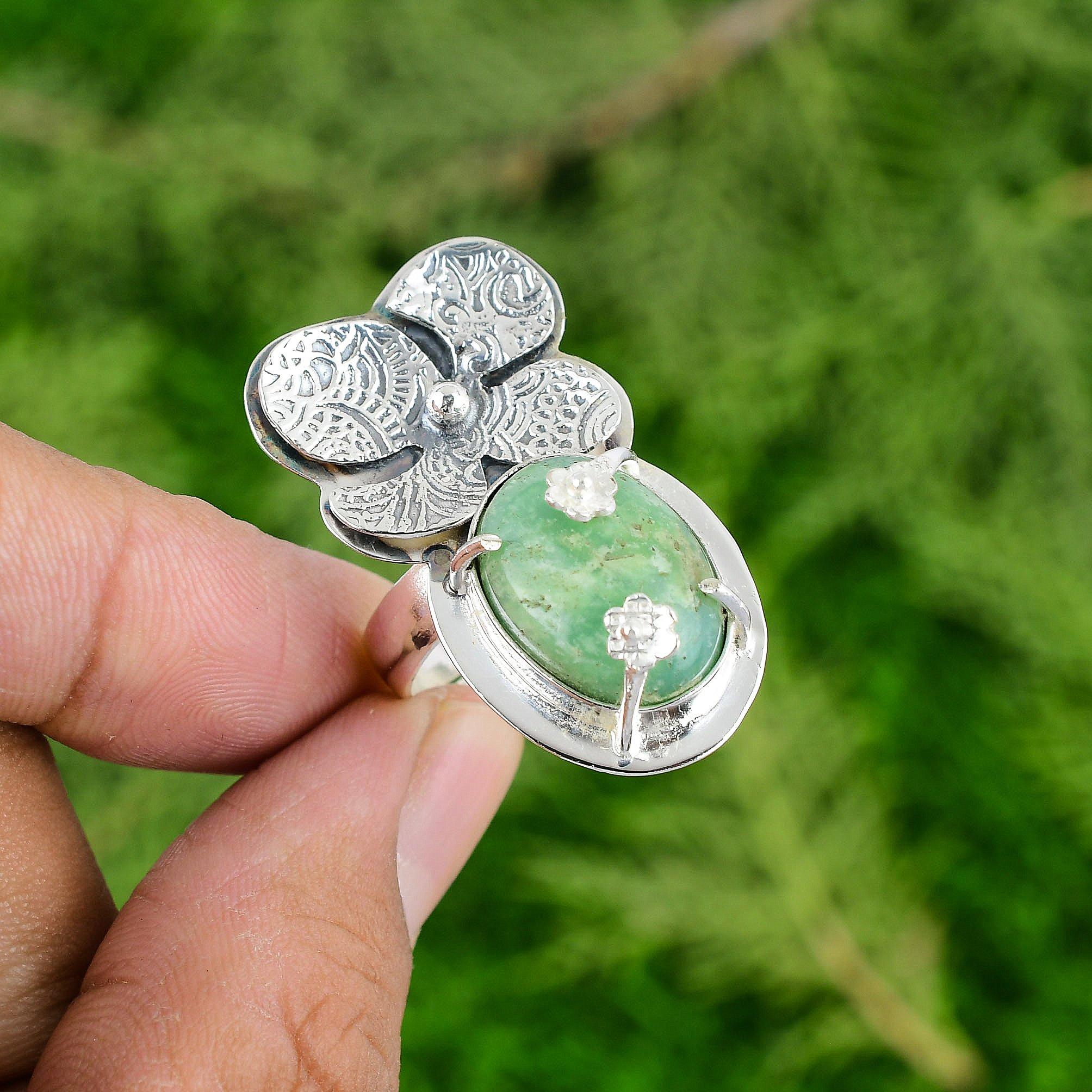 Sterling Silver Natural Chrysoprase Flower Art Deco Solitaire Boho Ring Jewelry