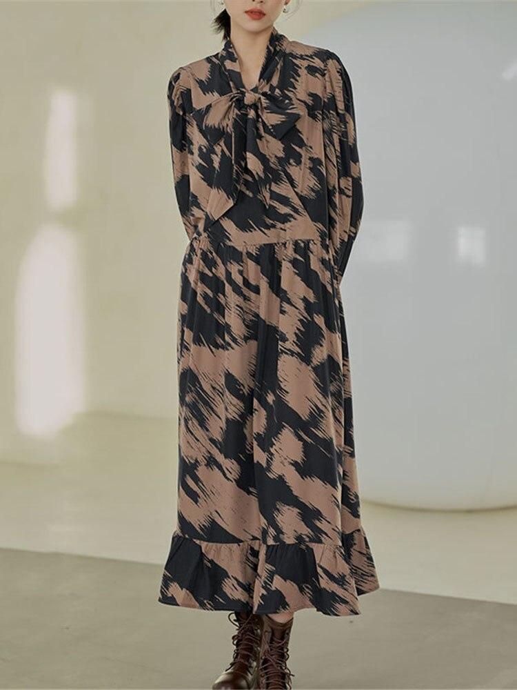 Xitao Vintage Print Dress Fashion Bandage Bow Collar Loose Long Sleeve Pullover Spring Autumn Base Dress New GWJ2559