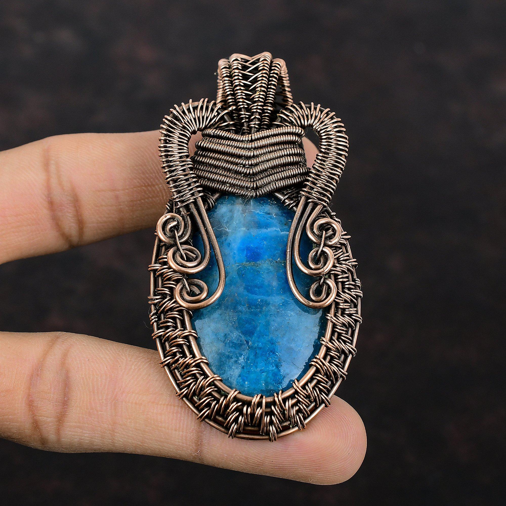 Neon Apatite Gemstone Pendant Copper Wire Wrapped Pendant Handmade Neon Apatite Jewelry Dainty Pendant Copper Wire Wrap Jewelry Gift For Mom