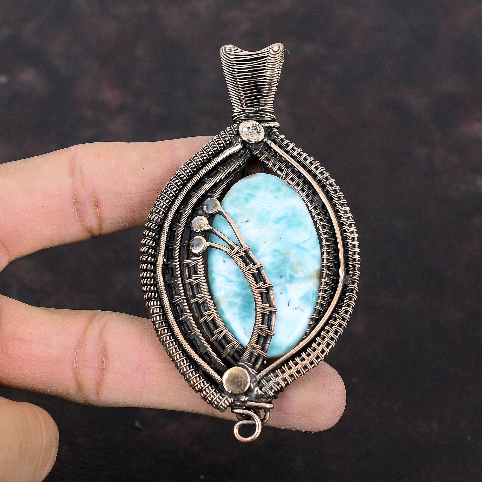 Larimar Pendant Copper Wire Wrapped Pendant Unique Style Pendant Handmade Genuine Gemstone Pendant Copper Wire Wrap Jewelry Anniversary Gift