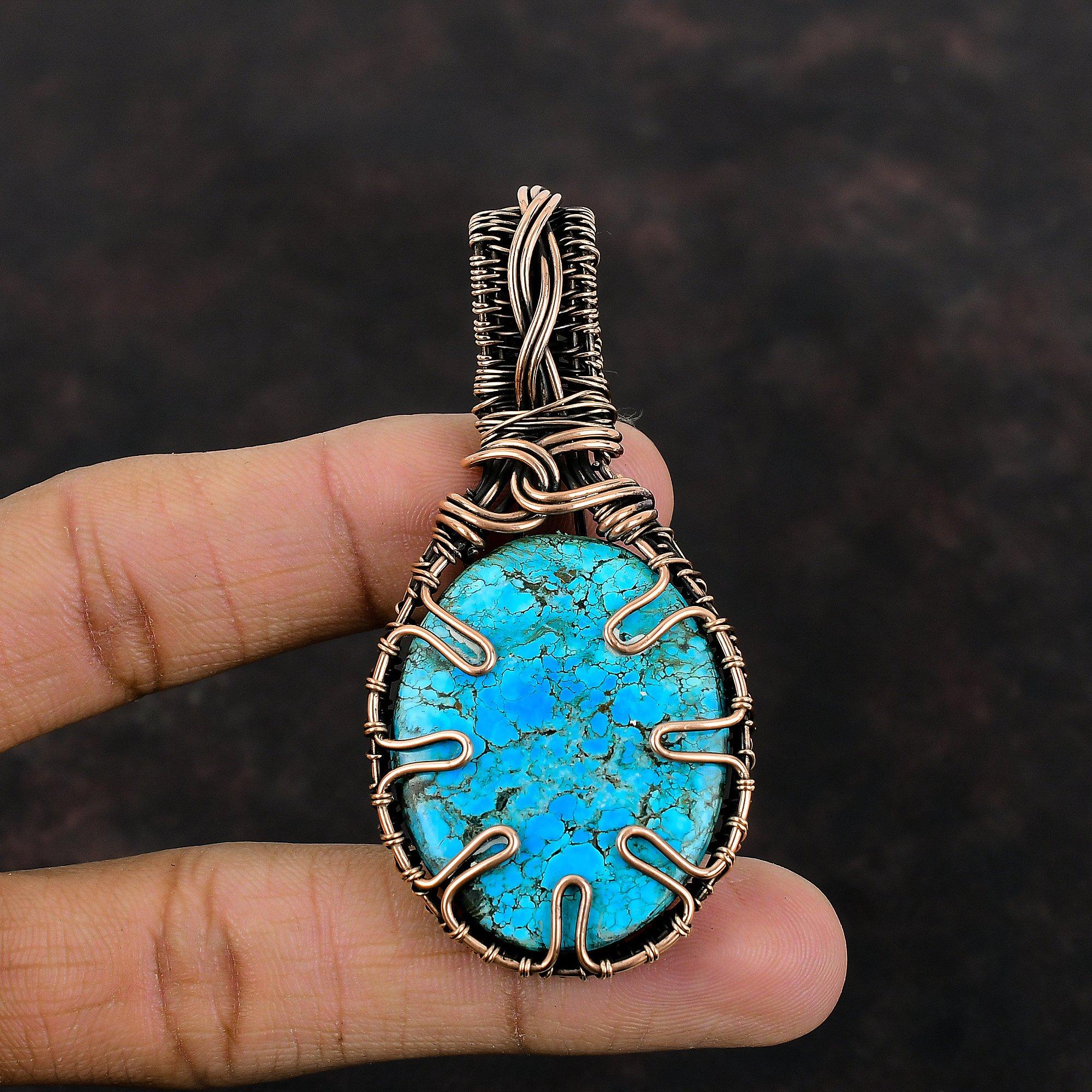 Tibetan Turquoise Copper Pendant Wire Wrapped Gemstone Pendant Handmade Jewelry Unique Copper Design Jewelry Gift For Him Birthstone Jewelry