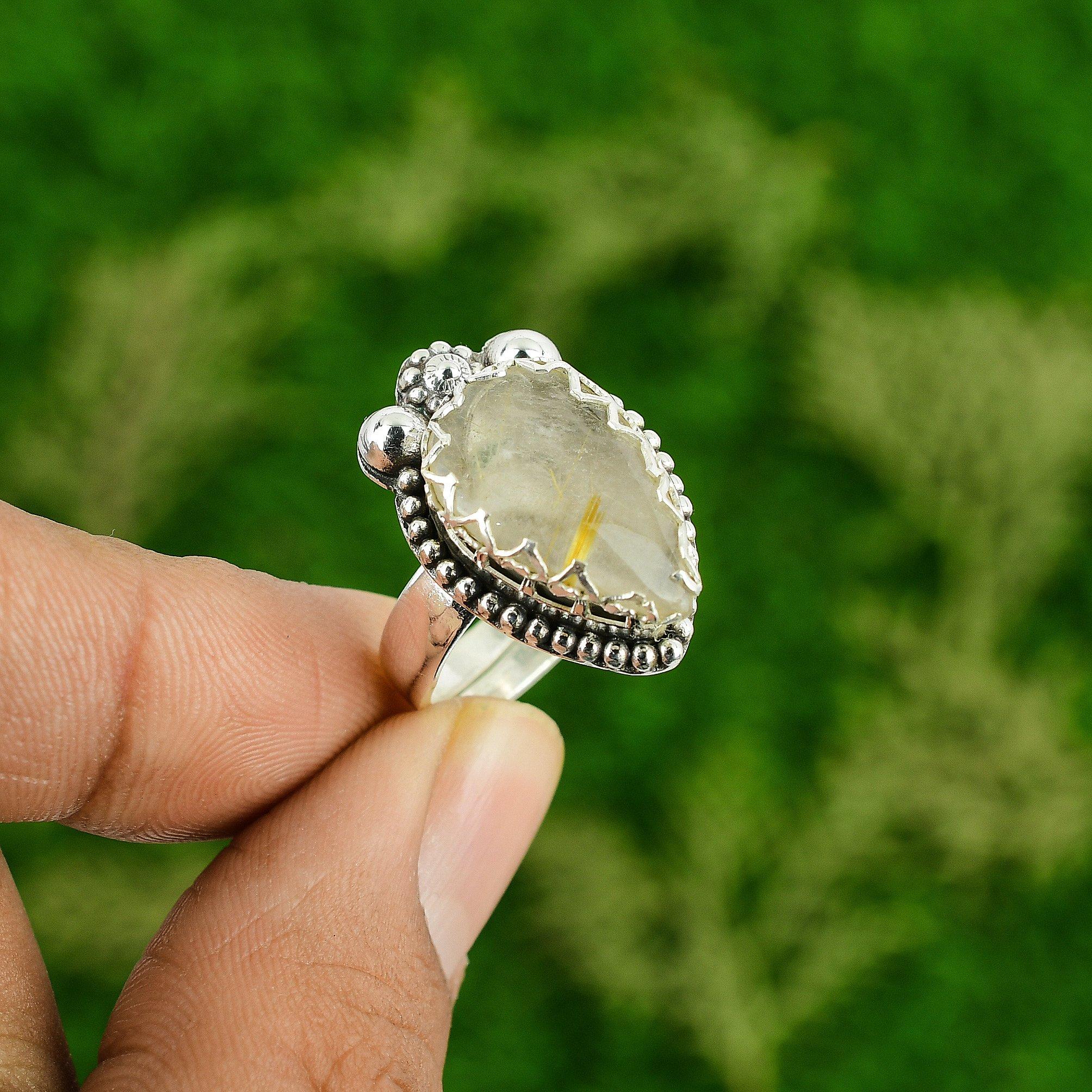 925 Sterling Silver Pear Natural Golden Rutile Multi Stone Daughter Ring Jewelry