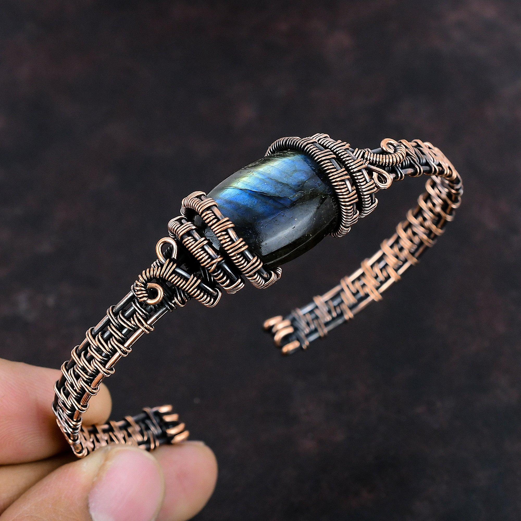 Labradorite Bangle Copper Wire Wrapped Cuff Bracelet Adjustable Bangle Gemstone Cuff Bracelet Handmade Labradorite Jewelry Gift For Friend