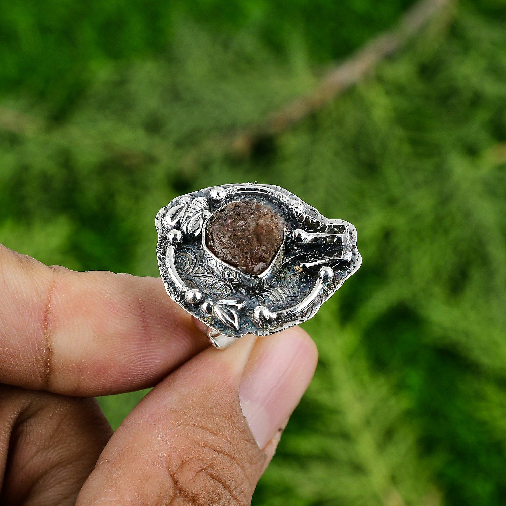 Gift For Her 925 Silver Natural Hessonite Rough Statement Adjustable Ring
