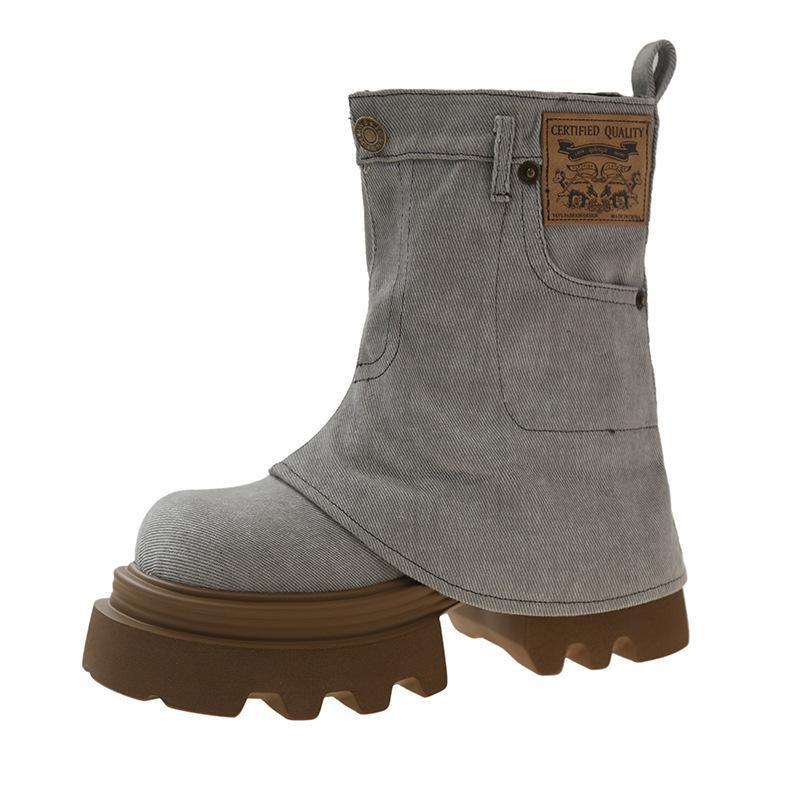 Designer Damen Chunky Denim Kurze Stiefel Neu 2024 Mode Plateau Absatzhose Booties Damen Komfort Damen Knight Stiefeletten