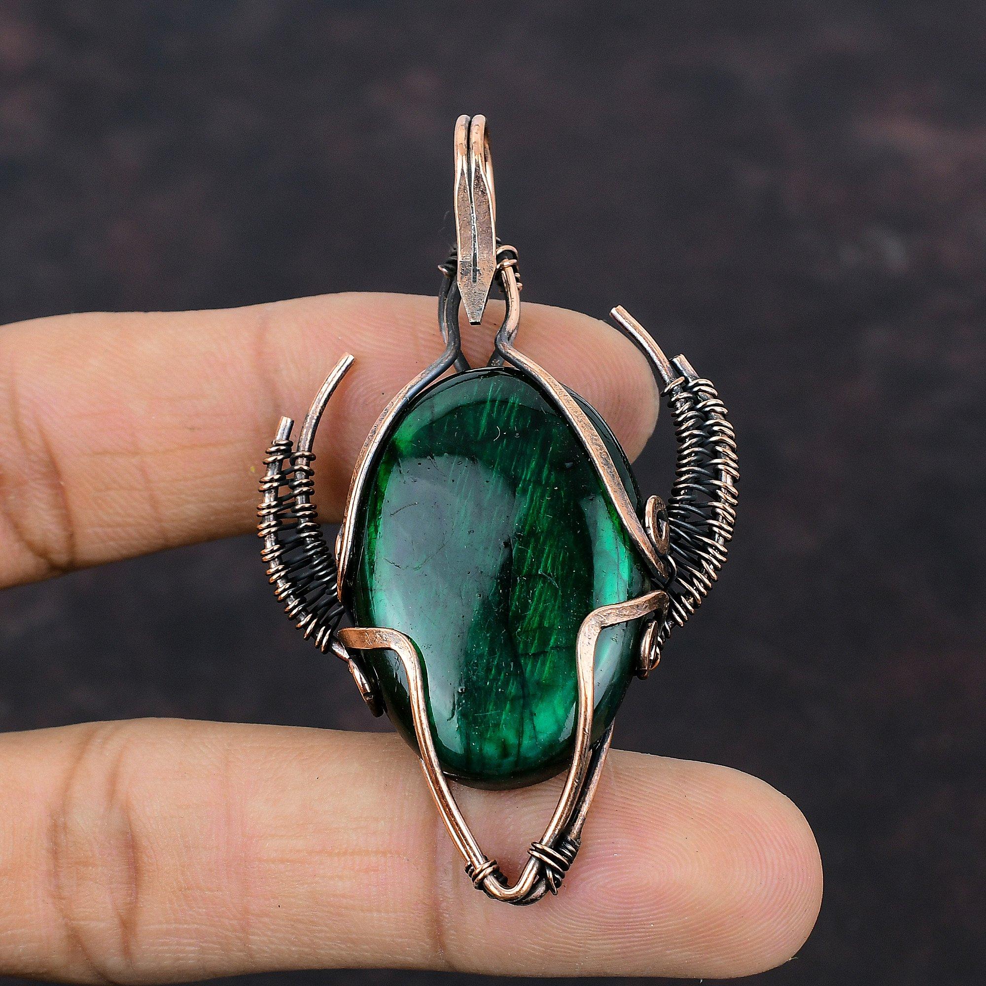 Green Fire Labradorite Pendant Copper Wire Wrapped Jewelry Handmade Pendant Copper Design Bull Face Shape Pendant Wire Wrap Gemstone Pendant